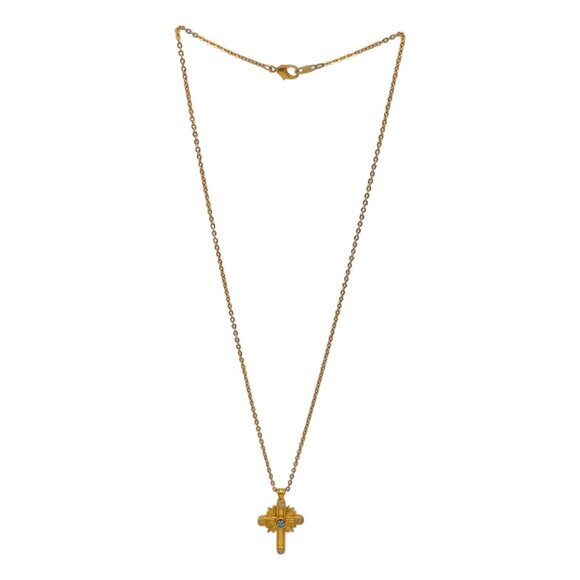 Avon Signed Blue Crystal Cross Necklace 18" Chain Gold Tone Starburst Y5 - Picture 3 of 8